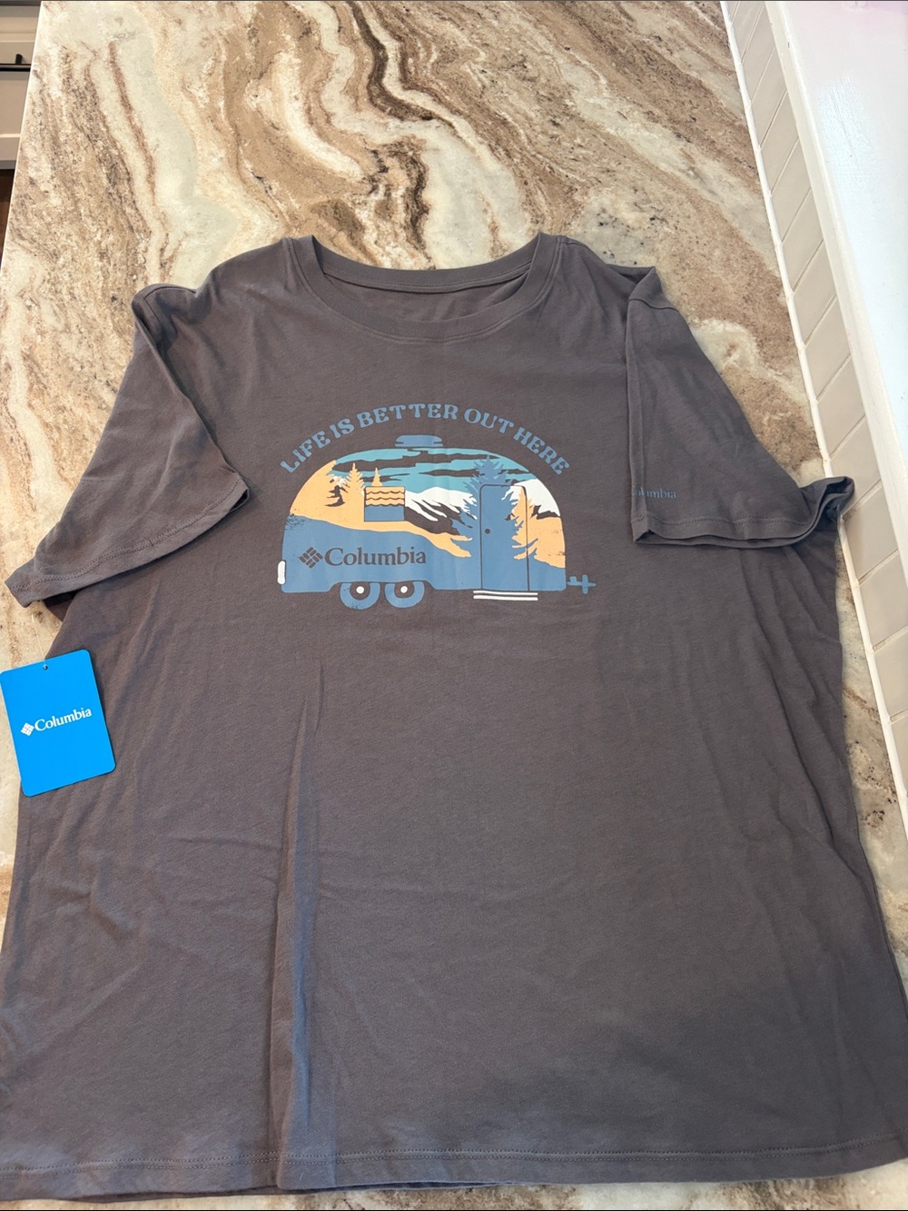 Columbia women’s Charcoal Gray Graphic Tee with Blue & Tan Camper Print